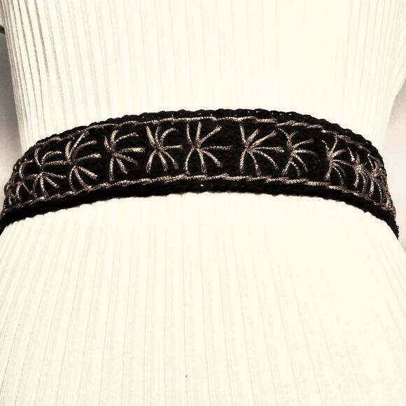 Handcrafted Black Boho Lux Crochet Belt With Gold Tone Starburst Embroidery - Picture 3 of 10